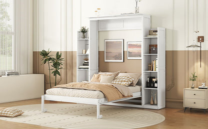 Full Size Murphy Wall Bed With Shelves And LED Lights - White