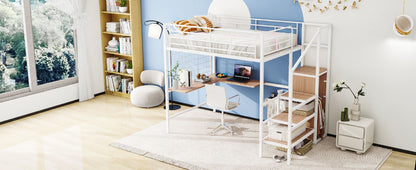 Full Size Loft Bed With Desk And Grid, Stylish Frame With Lateral Storage Ladder And Wardrobe - White