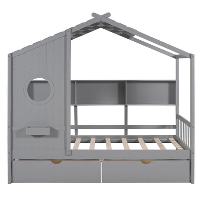 Twin Size House Bed With 2 Drawers, Kids Bed With Storage Shelf - Gray
