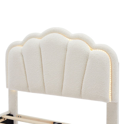 Twin Size Upholstered Flower-Shape Bed, Elegant Flowers Headboard With LED Light Strip, Sherpa Fabric Platform Bed With Slats Support - White
