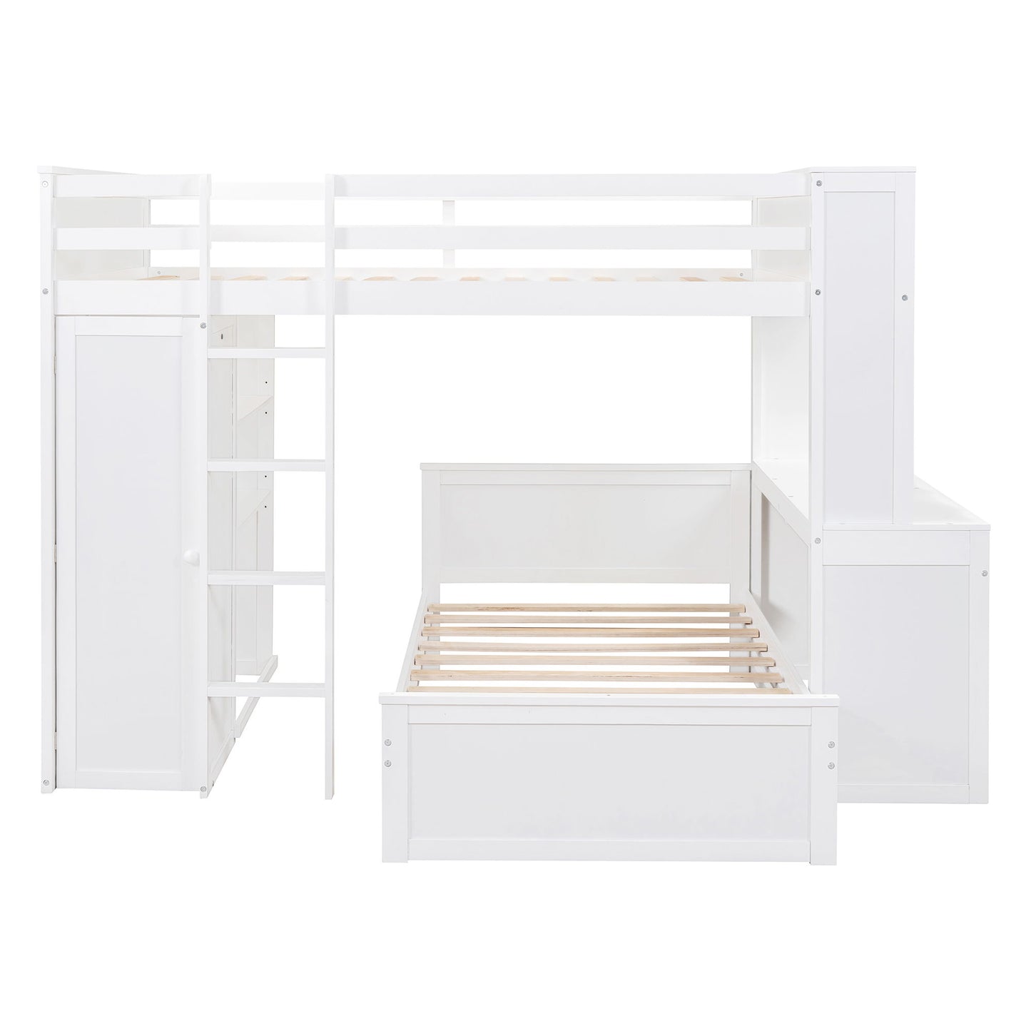 Full Size Loft Bed With A Twin Size Stand Alone Bed, Shelves, Desk, And Wardrobe - White