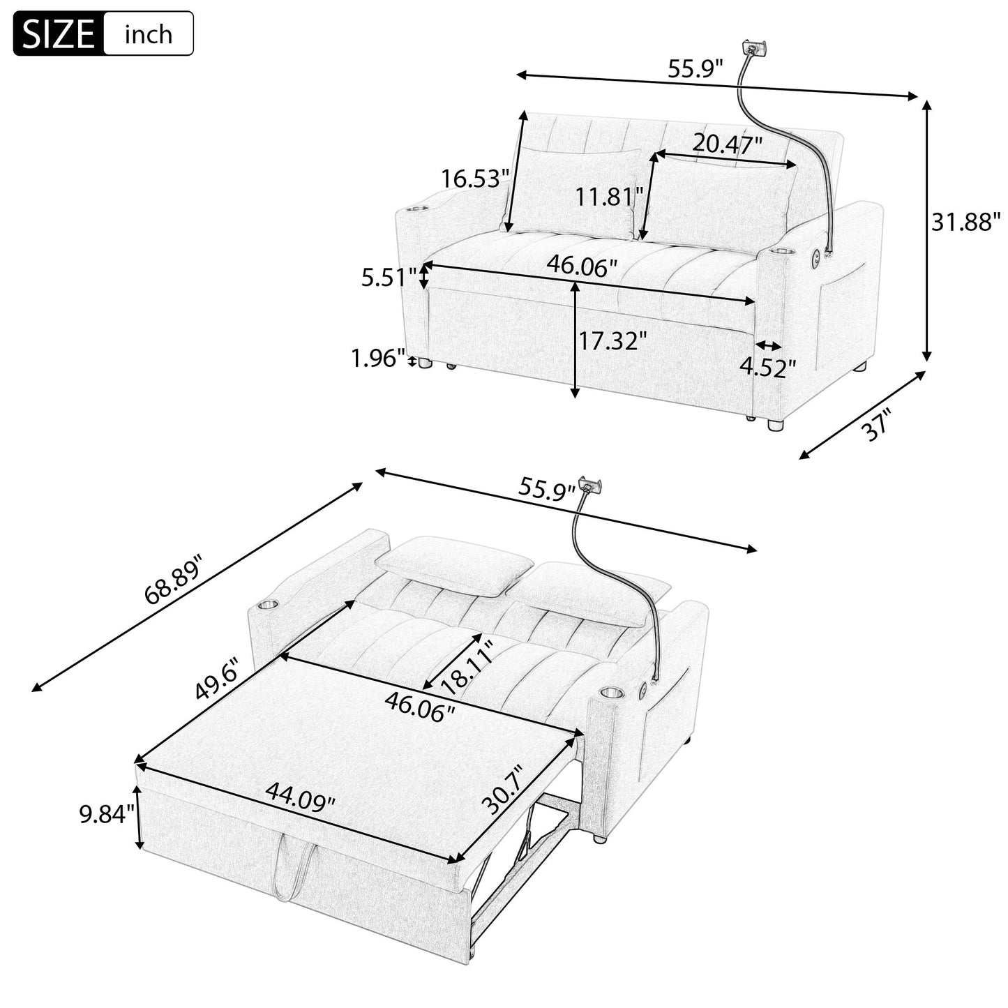 Convertible Sofa Bed Loveseat Sofa With Three USB Ports, Two Side Pockets, Two Cup Holders And 360ÔøΩÔøΩÔøΩÔøΩÔøΩÔøΩÔøΩÔøΩÔøΩÔøΩÔøΩÔøΩÔøΩÔøΩÔøΩÔøΩÔøΩÔøΩÔøΩÔøΩÔøΩÔøΩÔøΩÔøΩÔøΩÔøΩÔøΩÔøΩÔøΩÔøΩÔøΩÔøΩÔøΩ swivel Phone Holder For Living Room - Beige