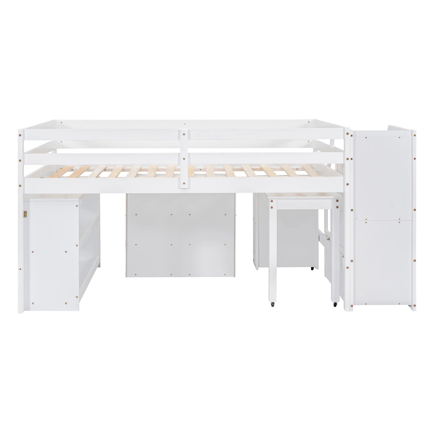 Full Size Loft Bed With Retractable Writing Desk And 3 Drawers With Storage Stairs And Shelves - White