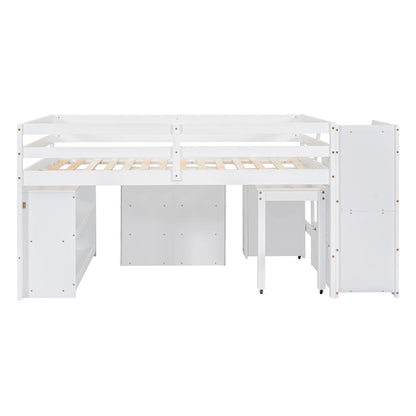 Full Size Loft Bed With Retractable Writing Desk And 3 Drawers With Storage Stairs And Shelves - White