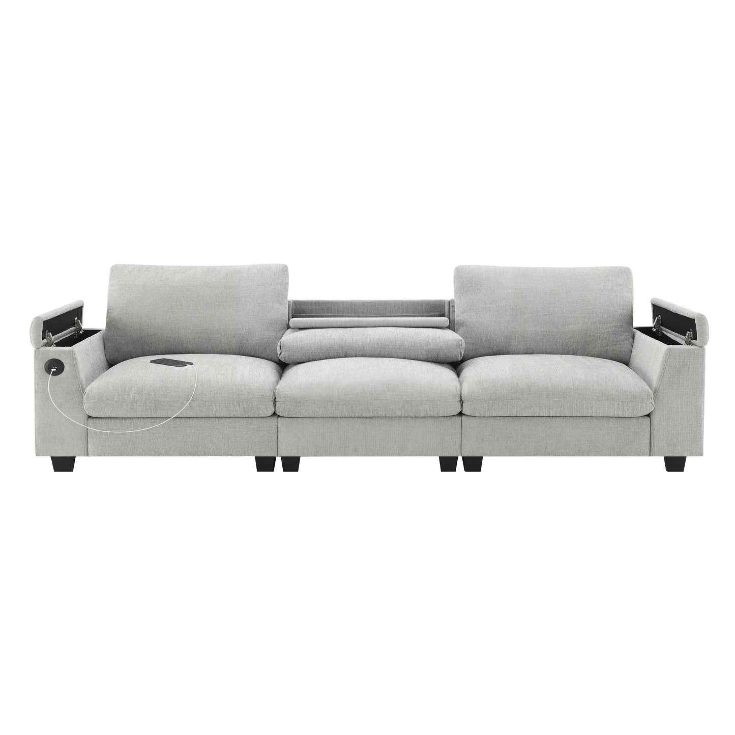 Sectional With Bluetooth Speaker Comfy Cloud Couch Set With Drop Down Table Cup Holders, USB Charger Storage Armrest Wide Seat Sofa - Gray