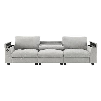 Sectional With Bluetooth Speaker Comfy Cloud Couch Set With Drop Down Table Cup Holders, USB Charger Storage Armrest Wide Seat Sofa - Gray