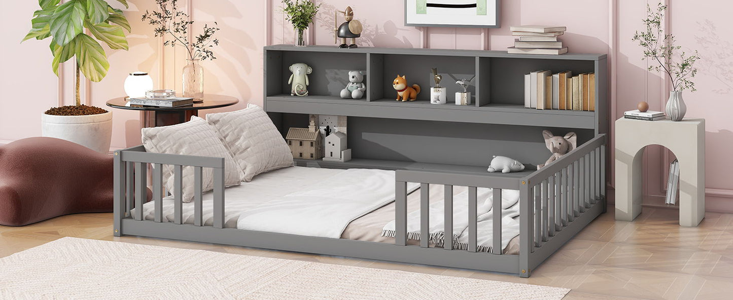 Full Floor Bed With Side Bookcase, Shelves, Guardrails - Gray