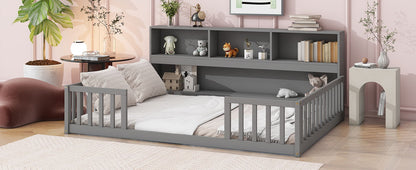 Full Floor Bed With Side Bookcase, Shelves, Guardrails - Gray