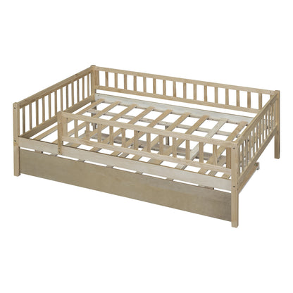 Full Size Daybed With Trundle And Fence Guardrails - Natural