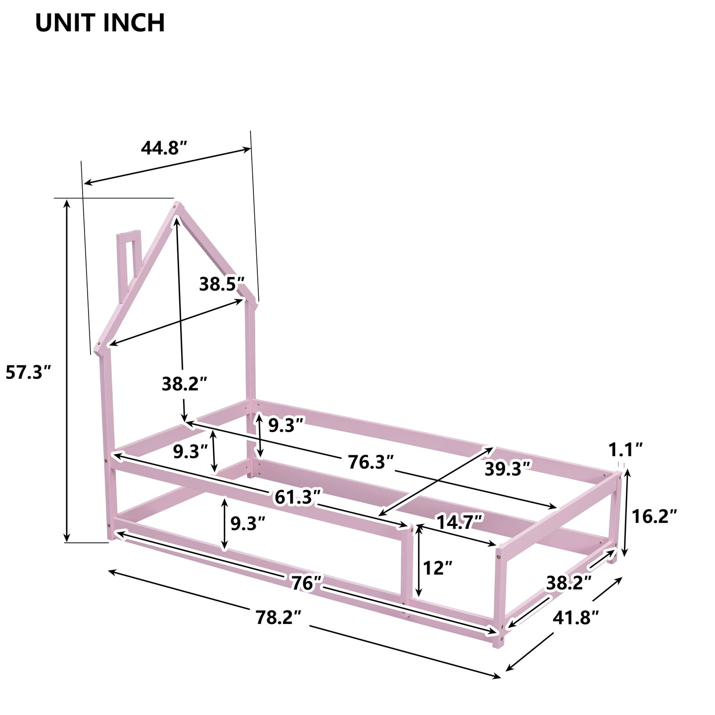 Twin Size Wood Bed With House-Shaped Headboard Floor Bed With Fences - Pink