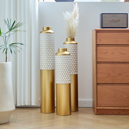 Modern Droplet Shaped Floor Vase Set Honeycomb Design, 3 Piece Metal Decorative Vases For Home Interior Display - Gold / White