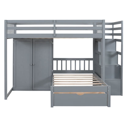 Full Over Twin Bunk Bed With Wardrobe, Drawers - Gray
