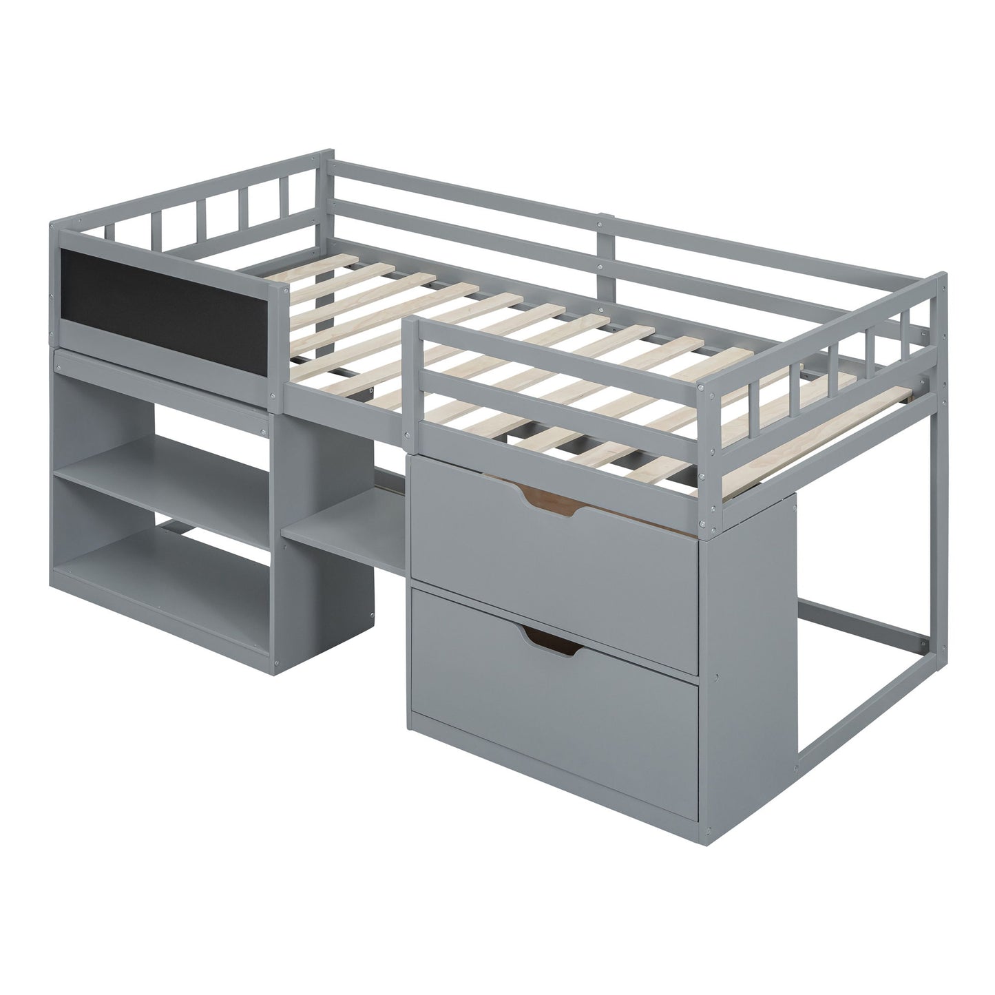 Twin Size Low Loft Bed With Rolling Desk, Shelf And Drawers - Gray