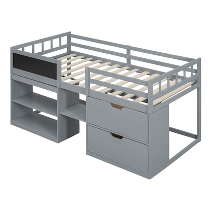 Twin Size Low Loft Bed With Rolling Desk, Shelf And Drawers - Gray