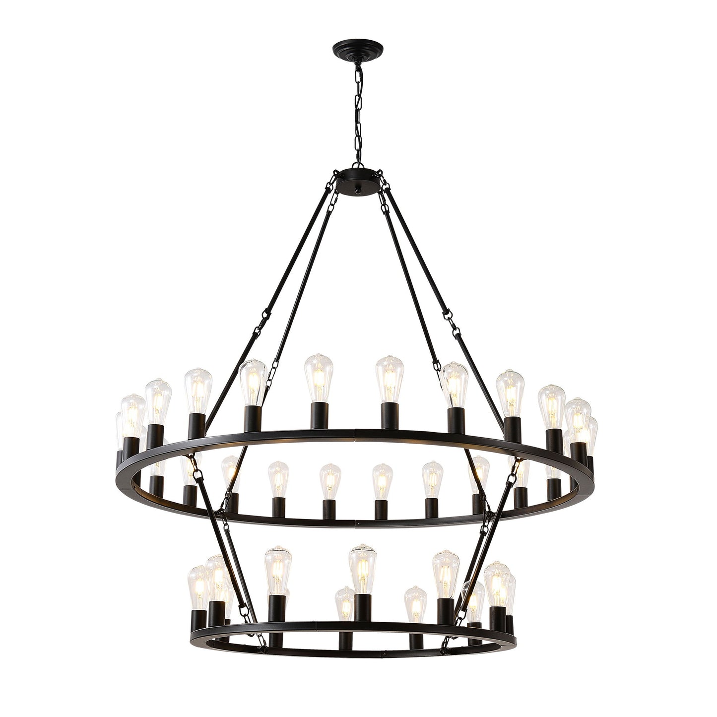 Extra Large Wagon Wheel Chandelier, 2 Tier 36 Lights (No Include) Farmhouse Industrial Round High Ceiling Pendant Light Adjustable Chain, For Dining Room, Living Room, Kitchen - Black