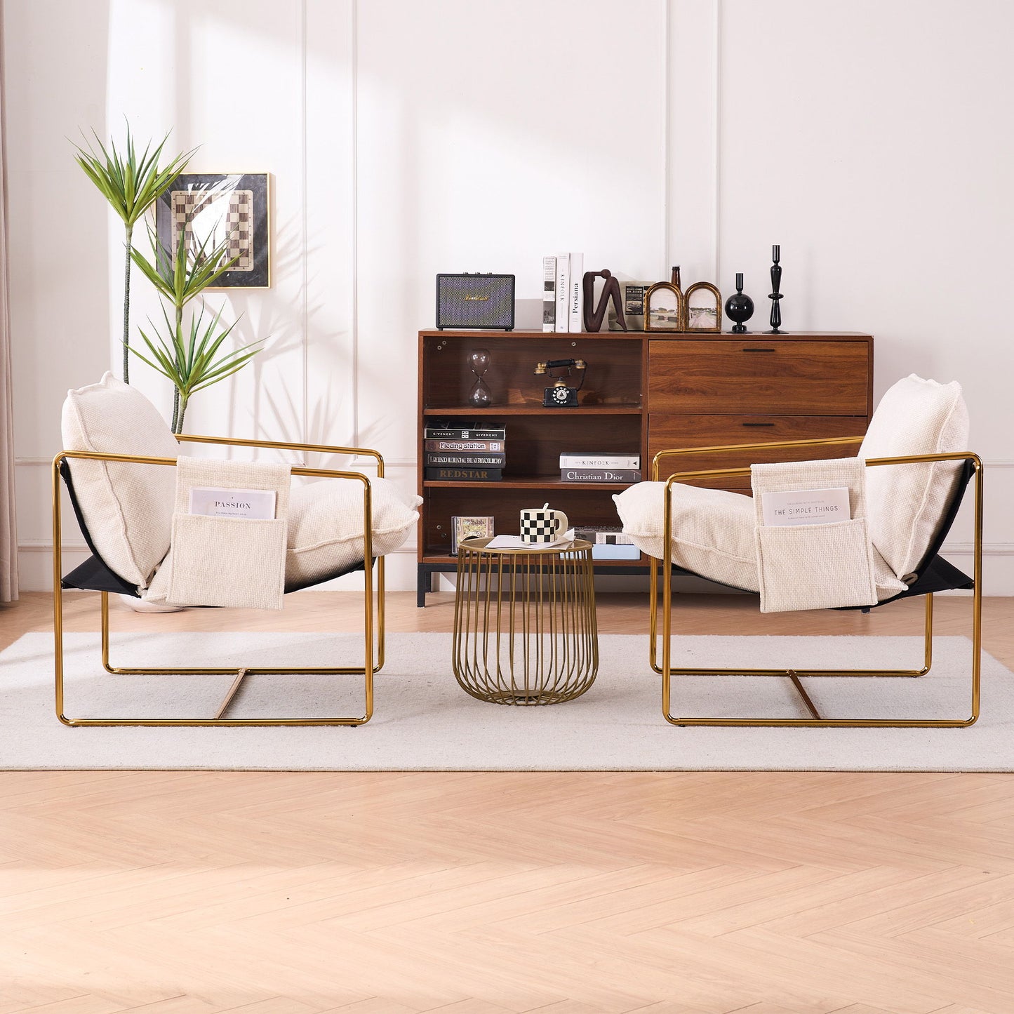 Upholstered Hanging Armchair With Arm Pocketsmetal Frame, Gold-Plated Craftsmanship, Crushed Foam Cushions And Skin-Friendly Woven Fabric For Living Room (Set of 2) - Beige
