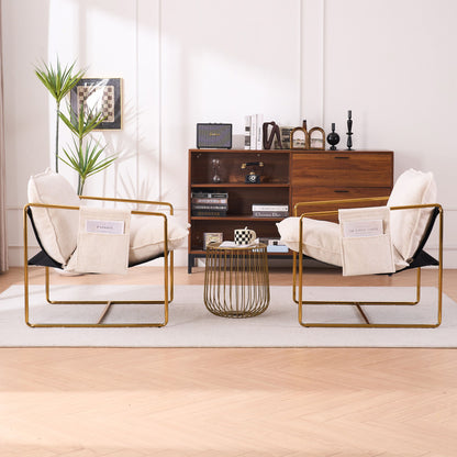 Upholstered Hanging Armchair With Arm Pocketsmetal Frame, Gold-Plated Craftsmanship, Crushed Foam Cushions And Skin-Friendly Woven Fabric For Living Room (Set of 2) - Beige