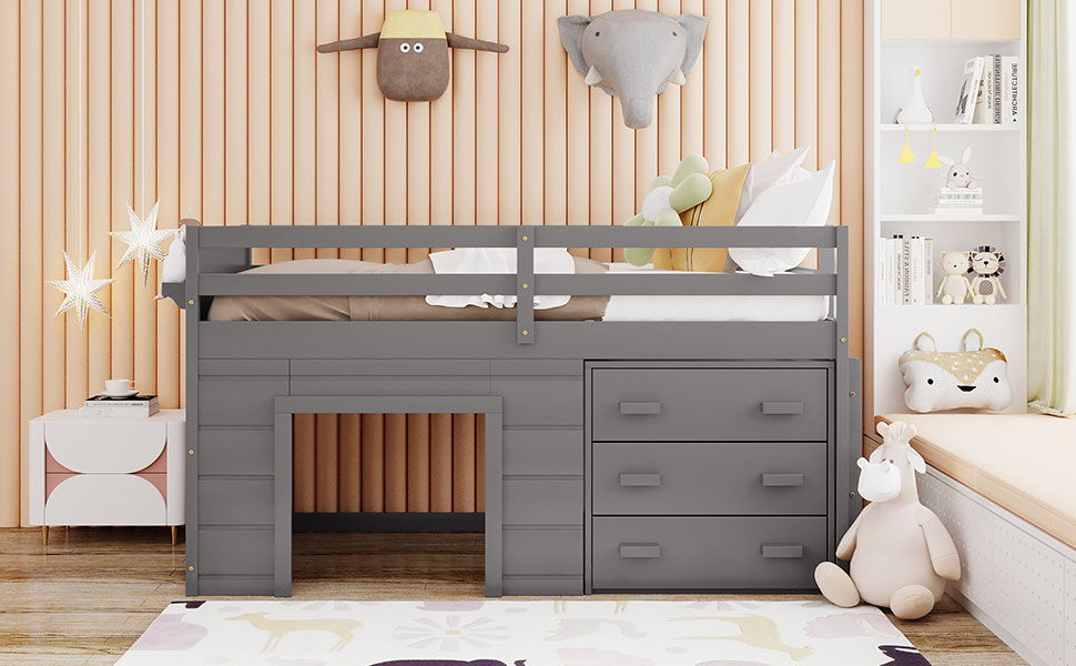 Twin Size Loft Bed With Cabinet And Shelf - Gray