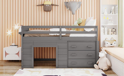 Twin Size Loft Bed With Cabinet And Shelf - Gray