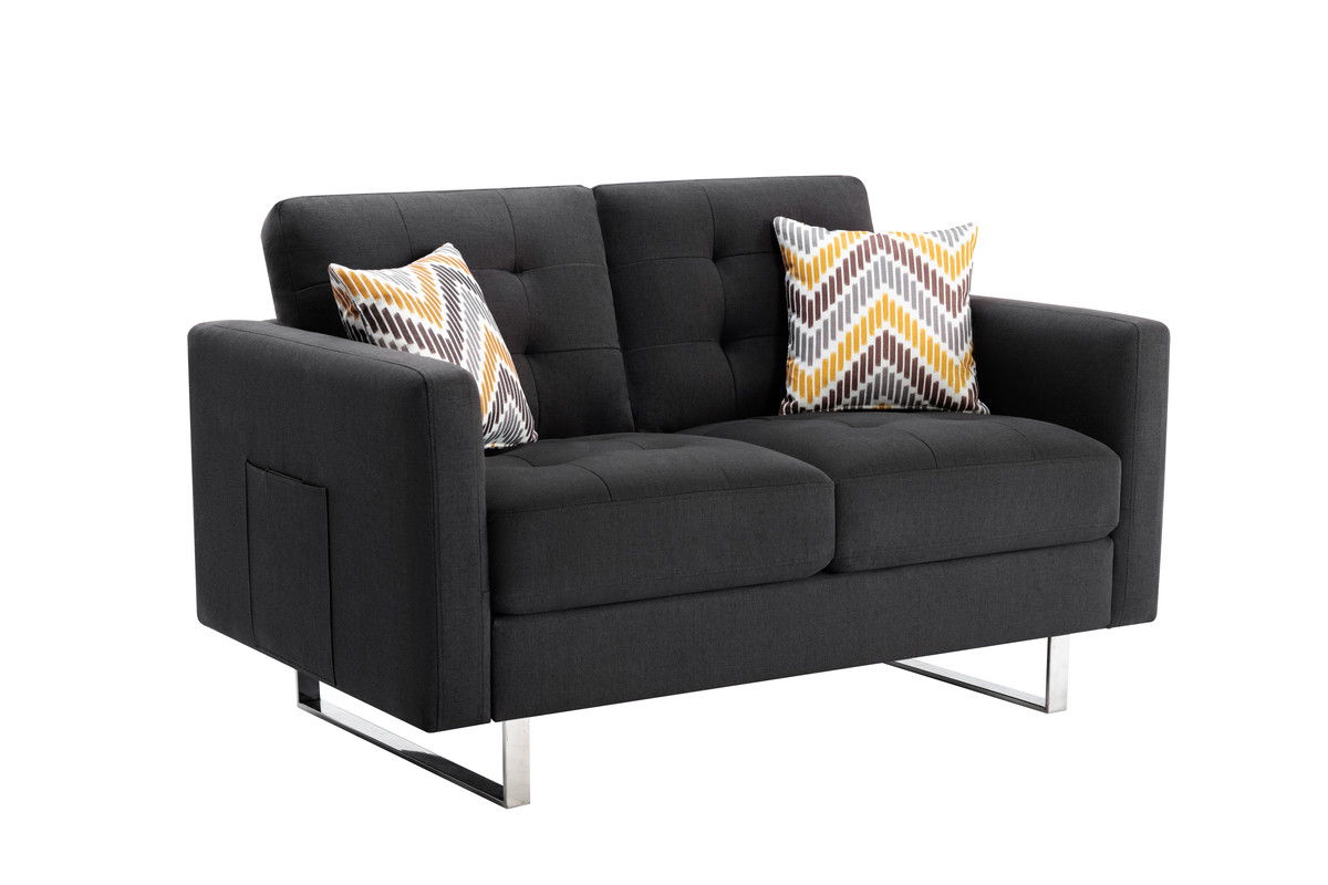 Victoria - Linen Fabric Loveseat With Metal Legs, Side Pockets, And Pillows - Dark Gray