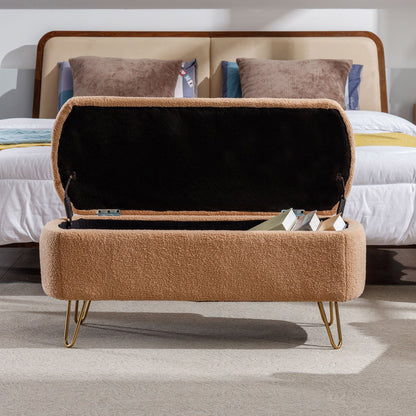 Storage Ottoman Bench For End Of Bed Gold Legs, Modern Camel Faux Fur Entryway Bench Upholstered Padded With Storage For Living Room Bedroom - Camel