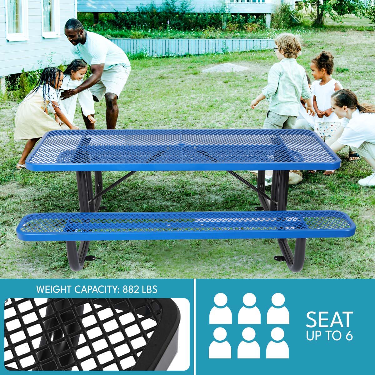 Outdoor Steel Picnic Rectangular Table With Umbrella Pole - Blue