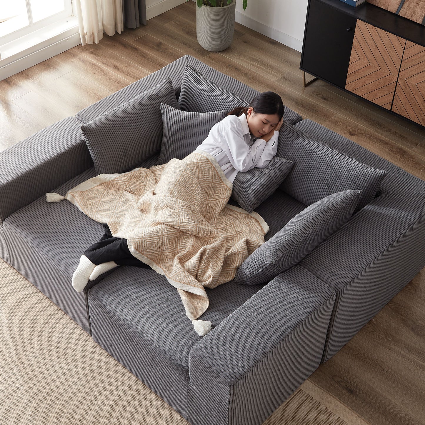 Corduroy Modular L Shaped Sectional Sofa, Luxury Floor Couch Set, 4 Piece Free Combination - Gray
