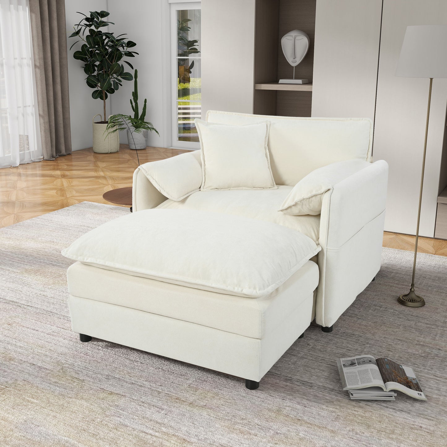 Oversized Recliner Chair With Movable Ottoman, Soft Chenille Upholstered Lounge Chair - Beige