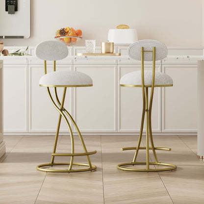 Modern S Shaped Bar Stools (Set of 2) With Backrest Floral Print Upholstered Dining Chairs Counter Height For Kitchen Island - Gold & White Print
