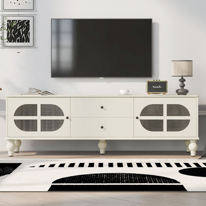 Modern TV Stand For TVs Up To 75", Entertainment Center Media Console With Fluted Glass Doors, 5 Solid Wood Legs For Living Room - Antique White