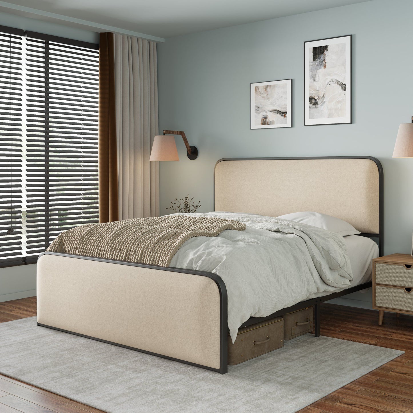Modern Metal Bed Frame With Curved Upholstered Headboard And Footboard Bed With Under Bed Storage, Heavy Duty Metal Slats, King Size - Beige