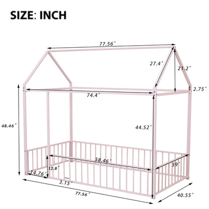 Twin Size Bed House Bed Frame With Fence - Pink