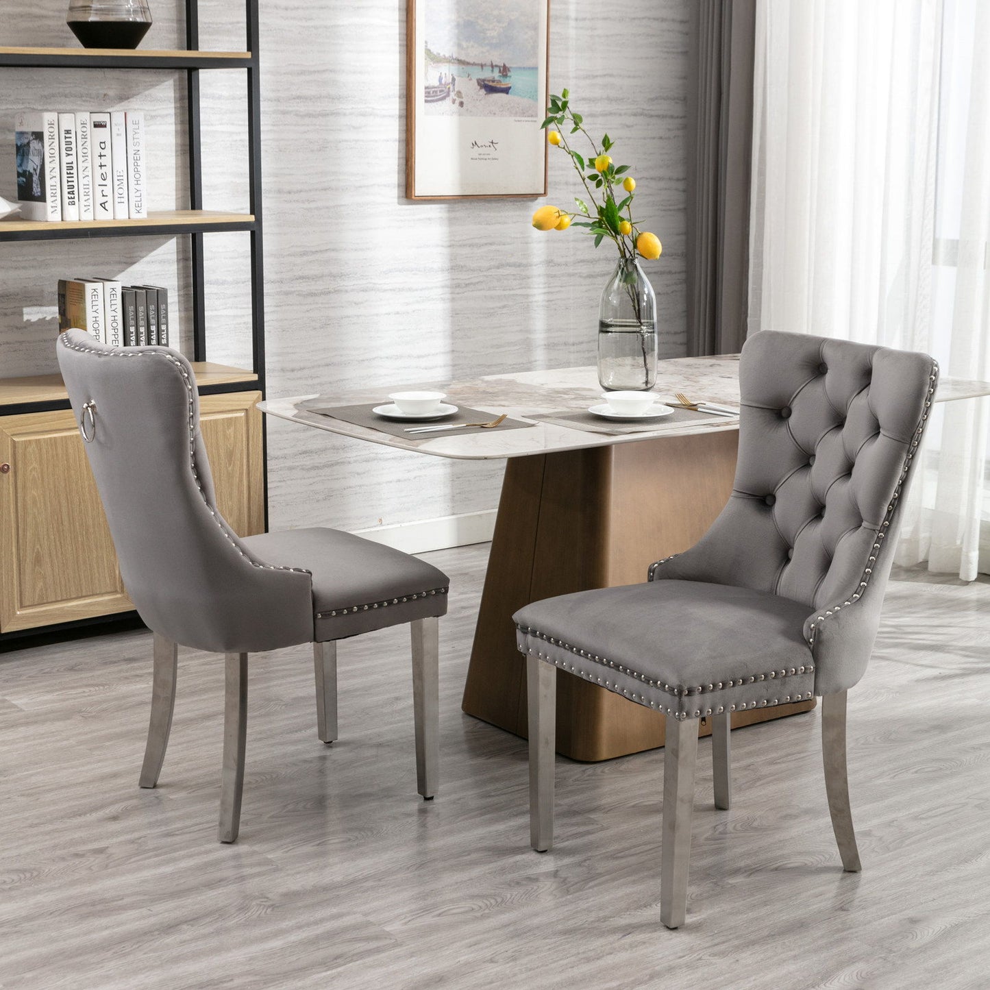 Nikki - Modern, High-End Tufted Solid Wood Contemporary Velvet Upholstered Dining Chair With Chrome Stainless Steel Plating Legs, Nailhead Trim (Set of 2) - Gray / Chrome