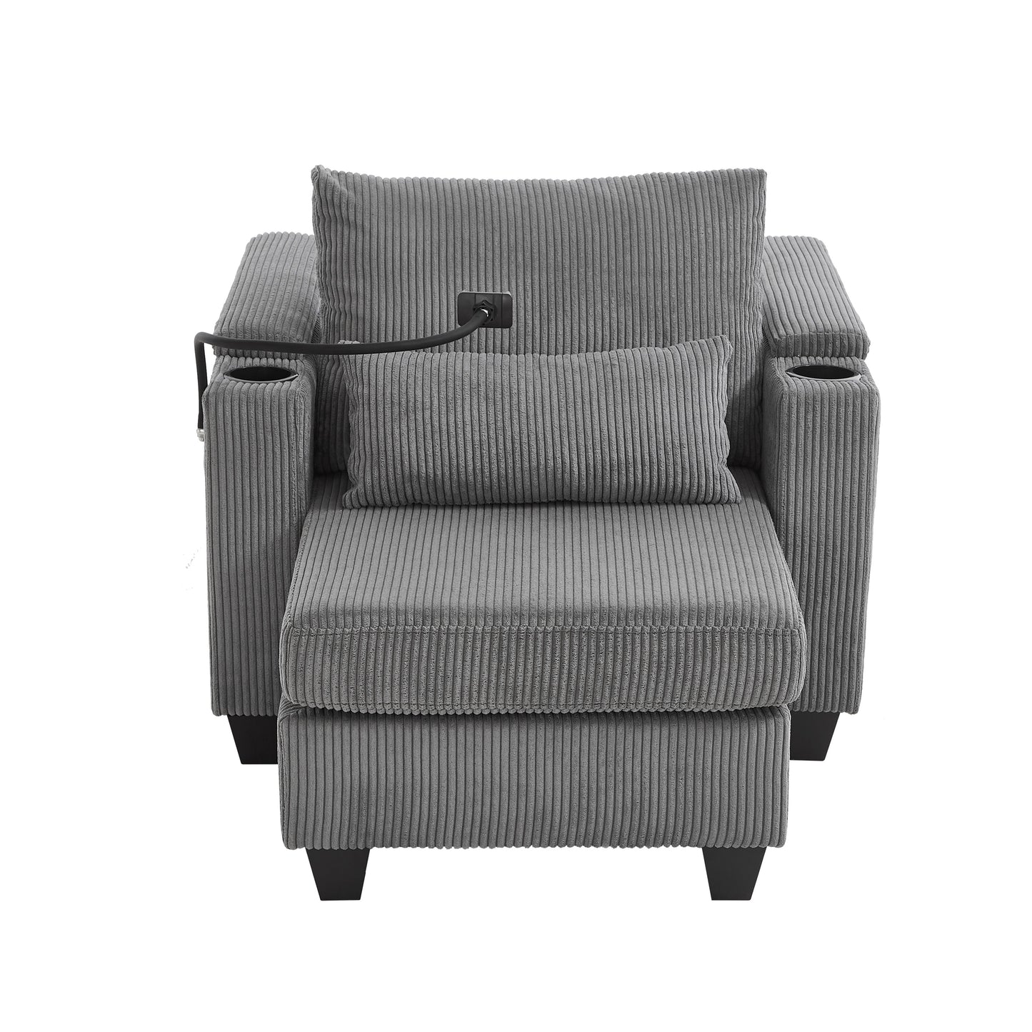 Convertible Chaise Lounge Sofa Chair Corduroy Sleeper With USB Ports, Cup Holders, Storage - Gray