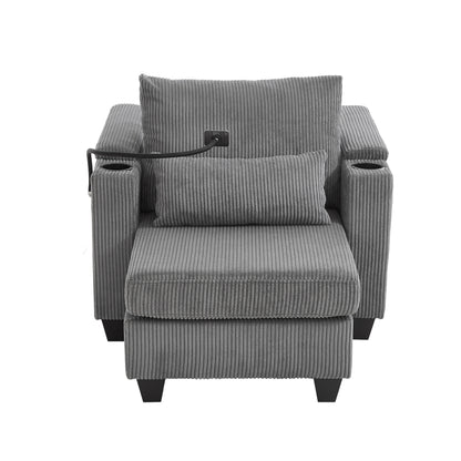 Convertible Chaise Lounge Sofa Chair Corduroy Sleeper With USB Ports, Cup Holders, Storage - Gray