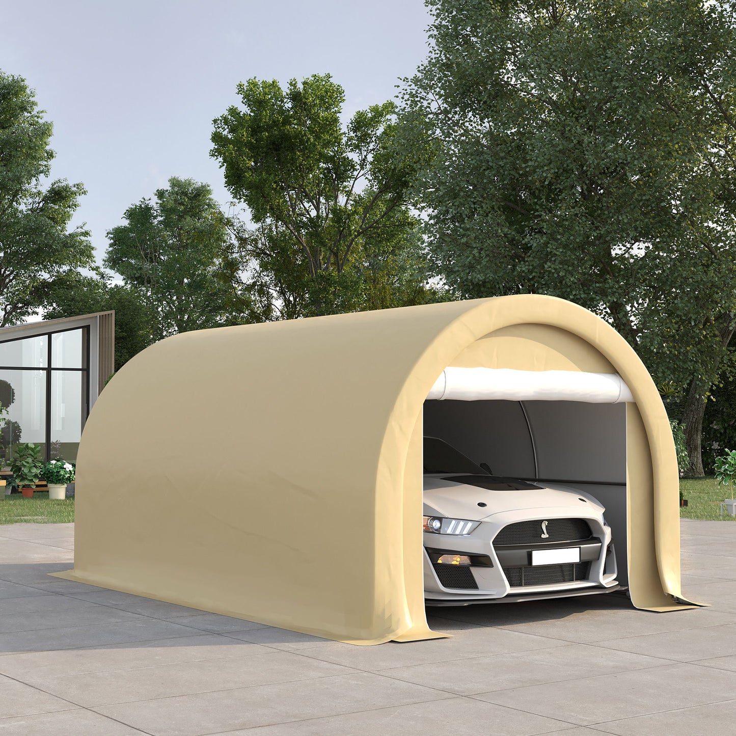 Outsunny - 10' x 16' Carport, Heavy Duty Portable Garage Storage Tent With Large Zippered Door, Anti-Uv Pe Canopy Cover For Car, Truck, Boat, Motorcycle, Bike, Garden Tools, Outdoor Work - Beige