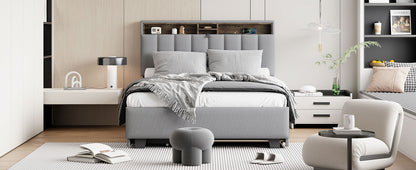 Full Size Upholstered Platform Bed With Storage Headboard, Twin Size Trundle & 2 Drawers And A Set Of Sockets & USB Ports - Gray