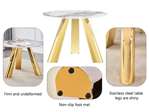 Stainless Steel Pattern Burning Stone Round Table Suitable For 2, 4 Or 6 People - Gold / White