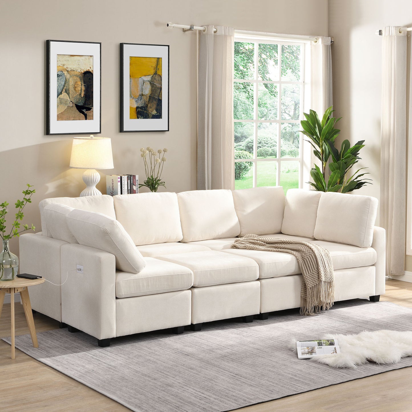 Sectional Sofa Couch Sofa Bed U-Shaped Sofa With Two Movable Ottoman And Three USB Ports For Living Room - Beige
