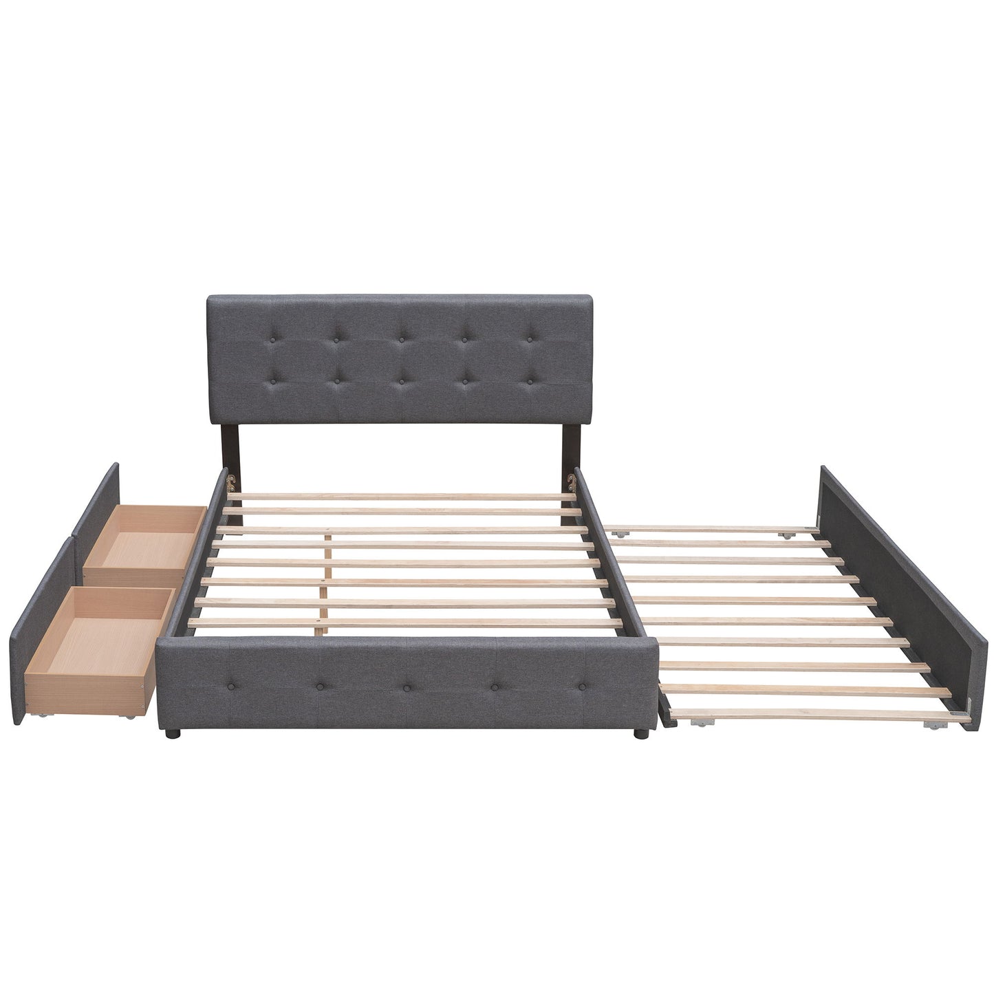Queen Size Upholstered Platform Bed With 2 Drawers And 1 Twin Long Trundle - Dark Gray
