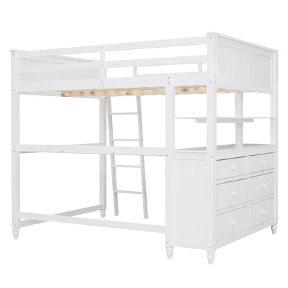 Full Size Loft Bed With Drawers And Desk With Shelves - White