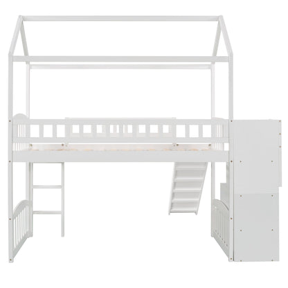 Twin Loft House Bed With 2 Drawers And Slide - White