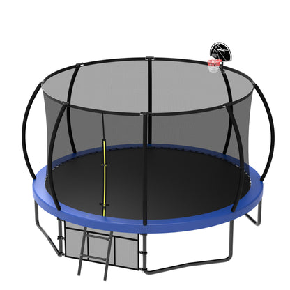 12Ft Recreational Kids Trampoline With Safety Enclosure Net & Ladder, Outdoor Recreational Trampolines - Blue
