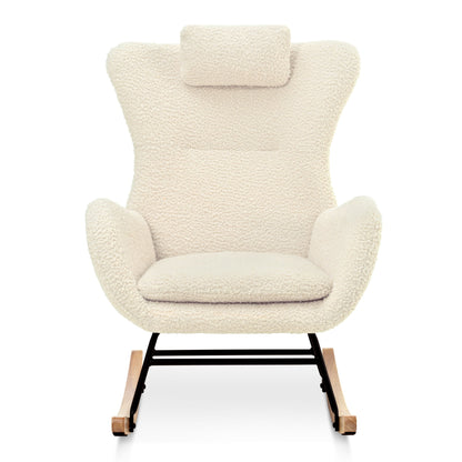 Rocking Chair Nursery, Teddy Upholstered Rocker Glider Chair With High Backrest, Adjustable Headrest & Pocket, Comfy Glider Chair For Nursery, Bedroom, Living Room, Offices, Rubber Wood - Beige