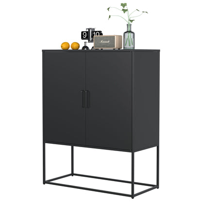 Heavy Duty Metal Buffet Sideboard Modern Steel Storage Cabinet With 2 Shelves, Free Standing Accent Cabinet With Magnetic Doors For Bedroom, Kitchen, And Home Office, Anti-Tip Design - Black