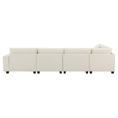 U Shaped Sectional Sofa 6 Seat Couch Set With Oversized Ottoman, Hidden Armrest Storage And Cup Holders USB Charging Ports Wide Seat Sofa - Off White