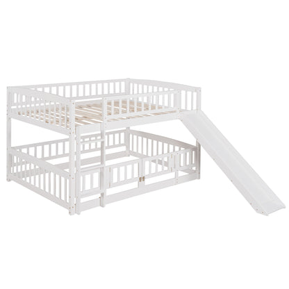 Full Over Full Low Bunk Bed With Slide, Fence And Ladder For Toddler - White