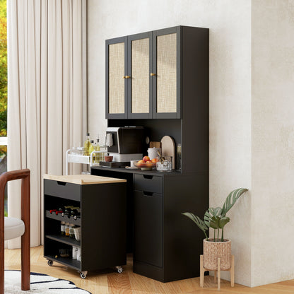 Kitchen Pantry Storage Cabinet, Modern Buffet Cabinet With Kitchen Cart, Tall Kitchen Hutch Cabinet With Microwave Stand, Food Pantry Cabinet With 3 Rattan Doors And Adjustable Shelves - Black