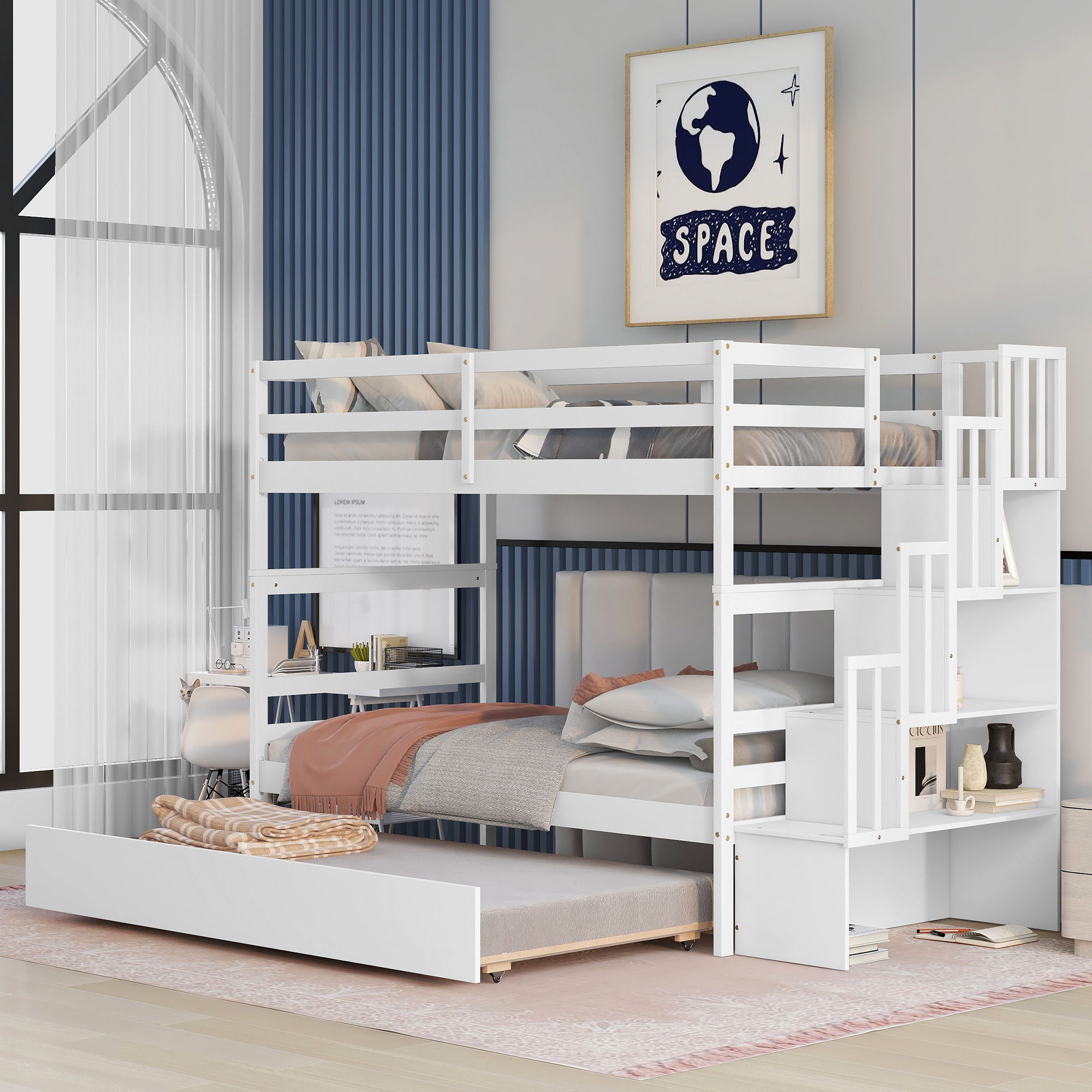 Twin Over Twin Bunk Beds With Twin Trundle And Stairway Storage Function - White