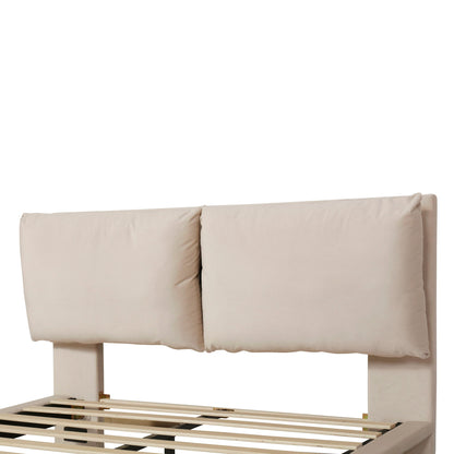 Queen Size Upholstered Platform Bed With Sensor Light And 2 Large Backrests, With 2 Sets Of USB Port And Socket On Each Rear Bed Leg - Beige